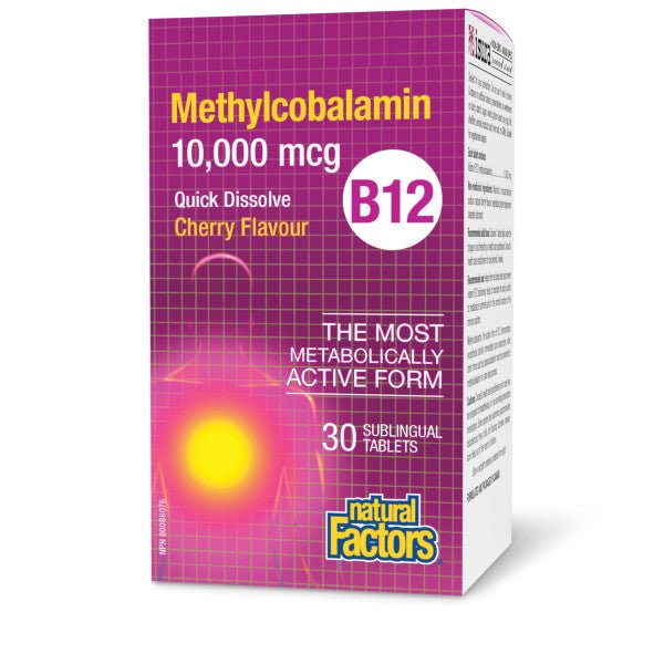Natural Factors B12 Methylcobalamin 10,000 mcg, Cherry Flavour 30 Sublingual Tablets - Nutrition Plus
