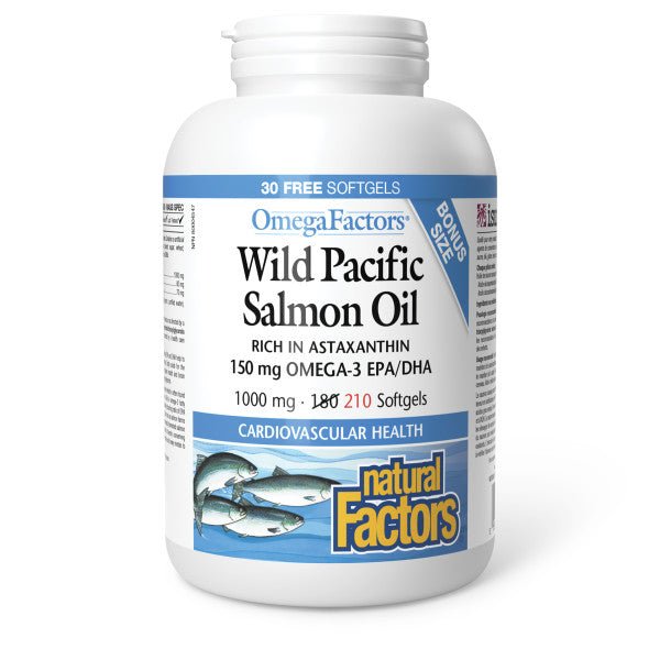 Natural Factors Wild Pacific Salmon Oil 1000mg 210 Softgels, Bonus Bottle - Nutrition Plus