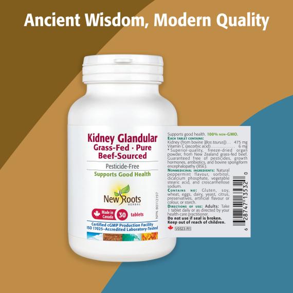 New Roots Kidney Glandular 30 Tablets, Grass - Fed, Beef - Sourced - Nutrition Plus