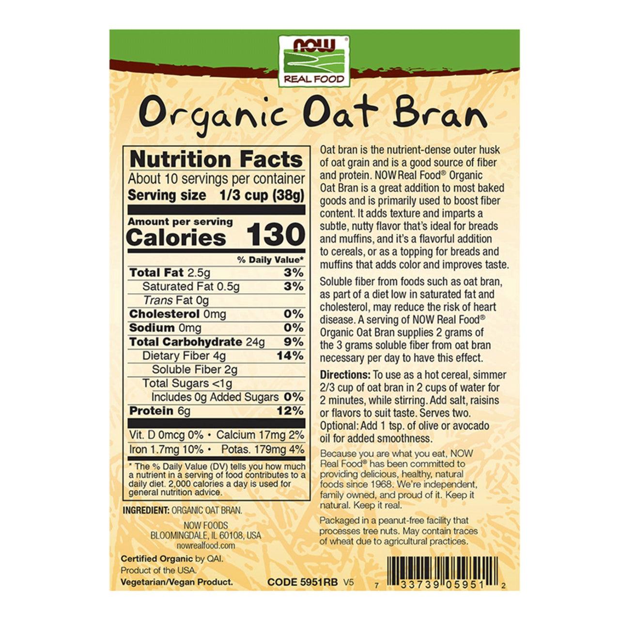 Now Oat Bran, Organic 397 Grams - Nutrition Plus