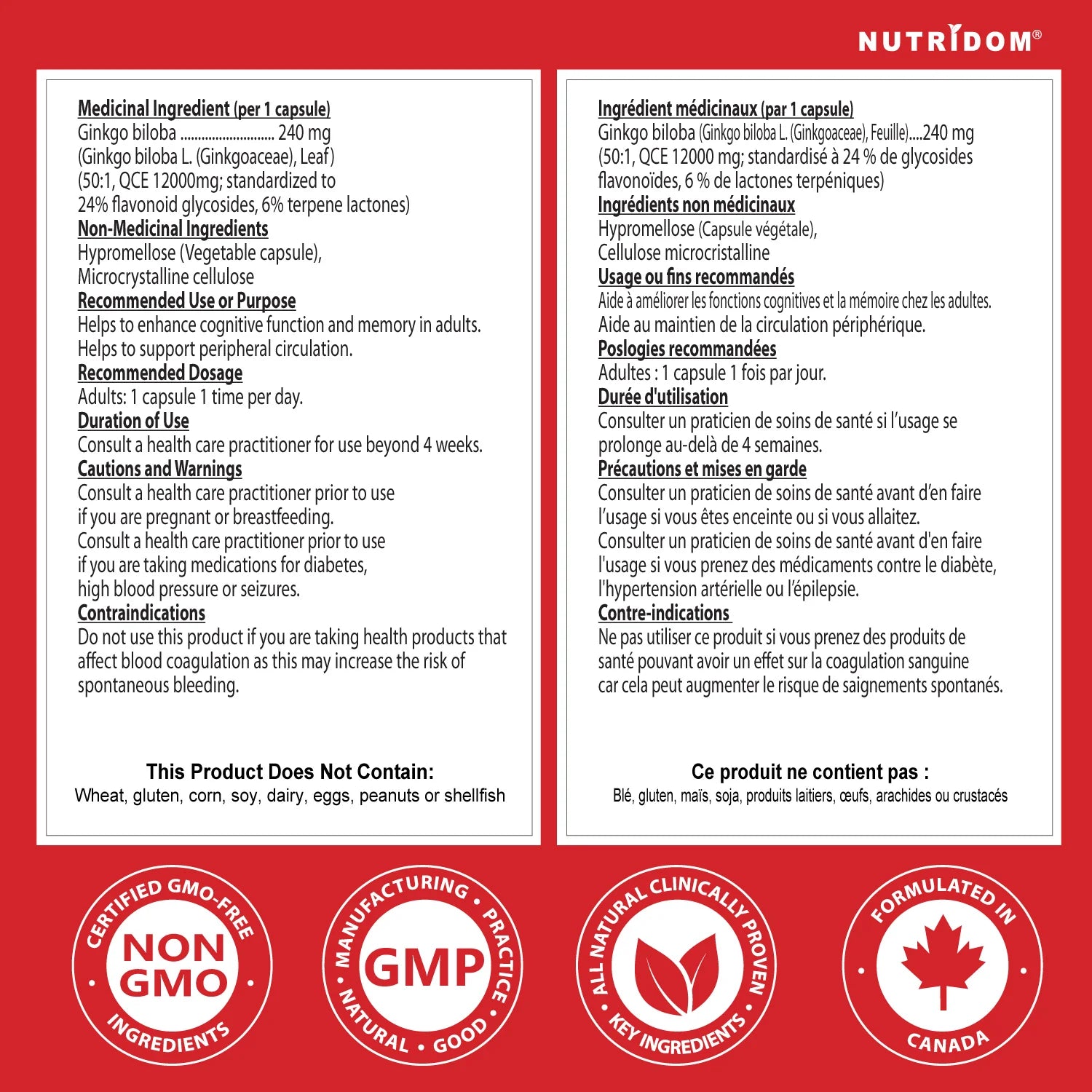 Nutridom Ginkgo Biloba 240mg 60 Veg Capsules - Nutrition Plus