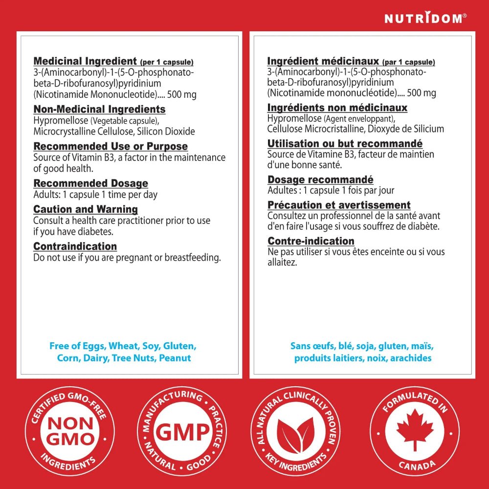 Nutridom NMN 500mg - 60 Veg Capsules | NAD+ Booster - Nutrition Plus