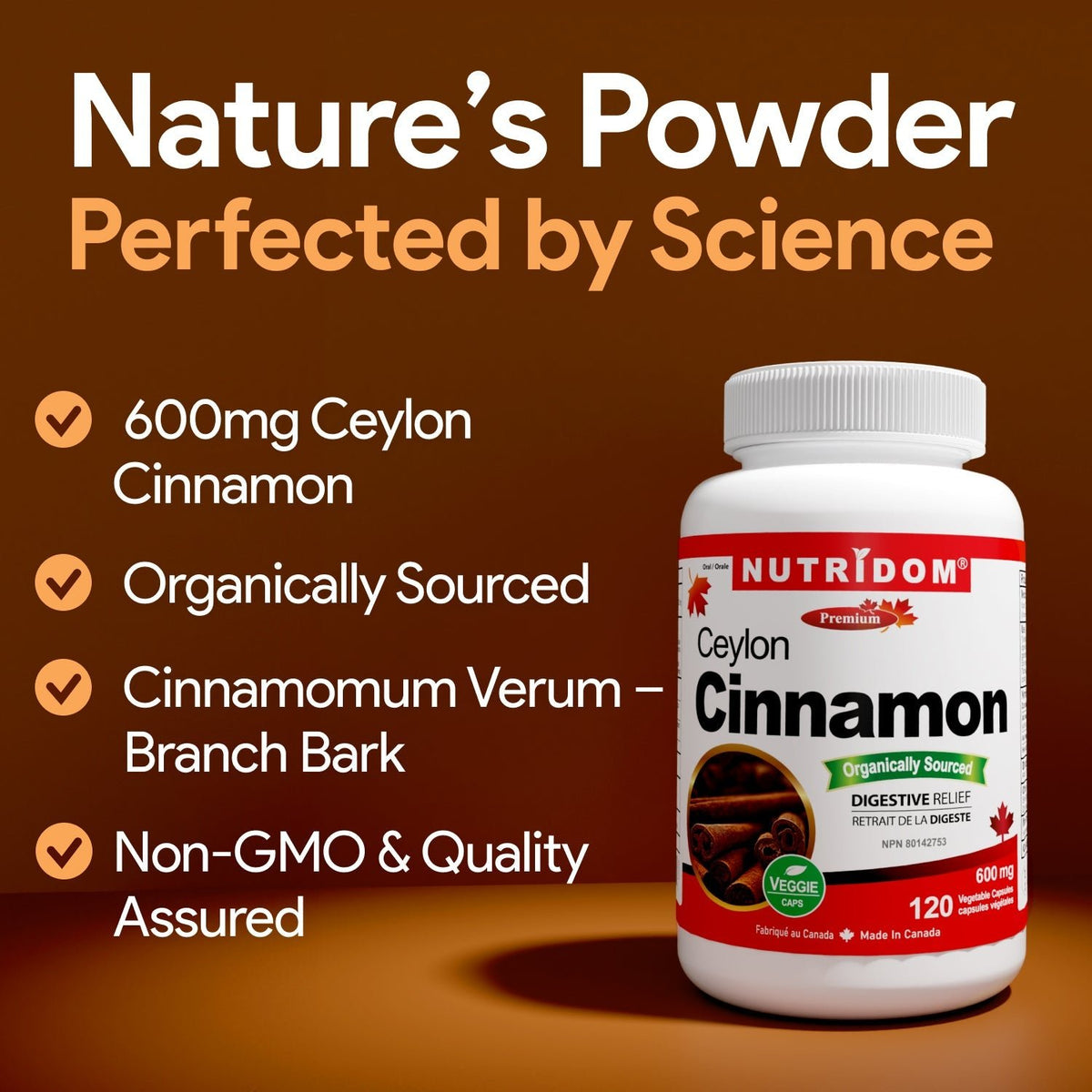 Nutridom Organic Ceylon Cinnamon 600mg 120 Veg Capsules - Nutrition Plus