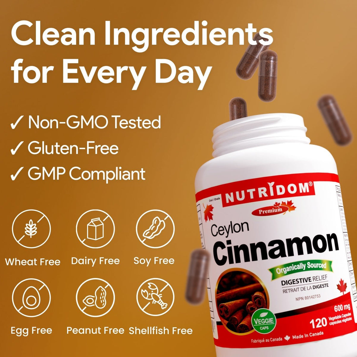 Nutridom Organic Ceylon Cinnamon 600mg 120 Veg Capsules - Nutrition Plus