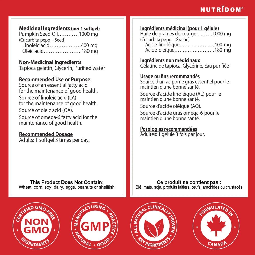 Nutridom Pumpkin Seed Oil 1000mcg - 90 Veg Softgels - Nutrition Plus