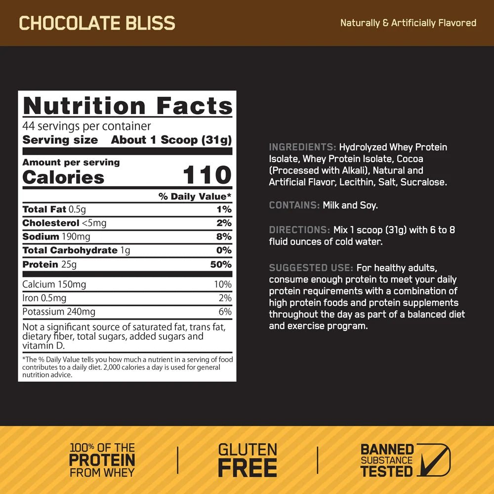 Optimum Nutrition Gold Standard 100% Isolate, Chocolate Bliss 3 Lbs - Nutrition Plus