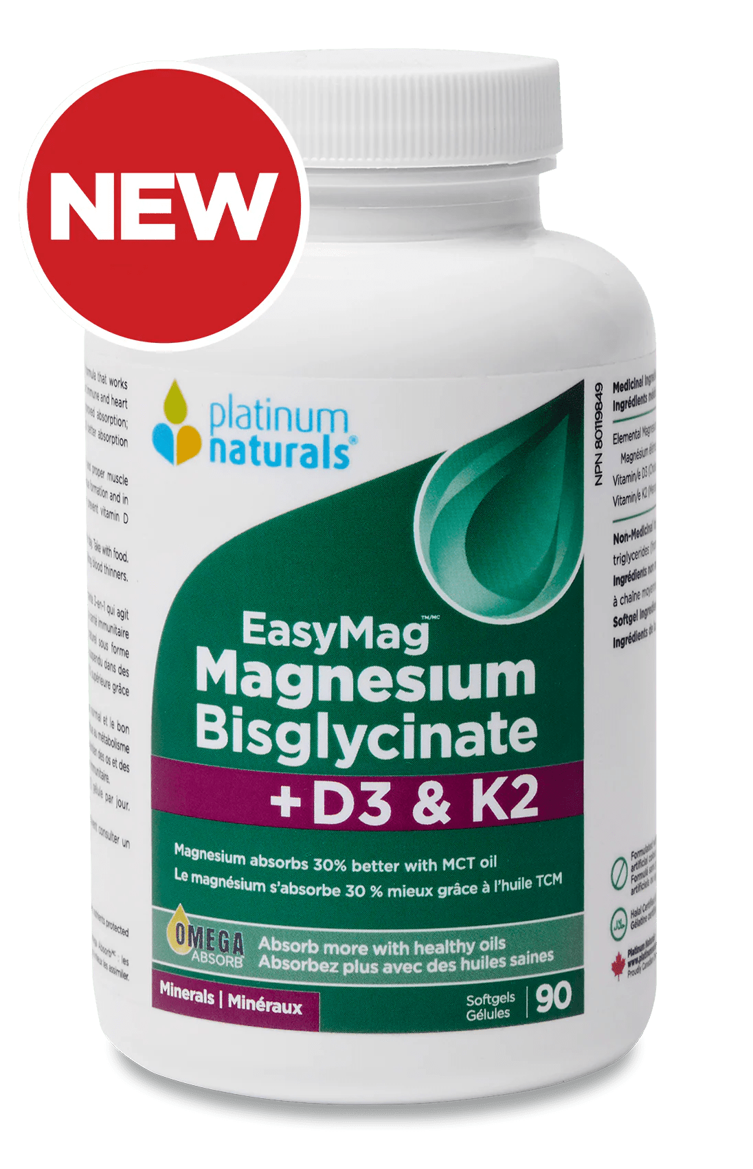 Platinum Naturals EasyMag Magnesium Bisglycinate+D3 & K2 90 softgels - Nutrition Plus