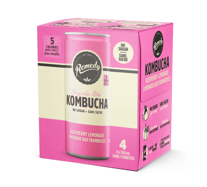 Remedy Organic Kombucha 4 * 330mL, Raspberry Lemonade - Nutrition Plus