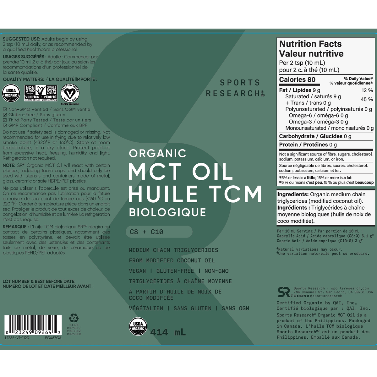 Sports Research Organic MCT Oil 414mL - Nutrition Plus