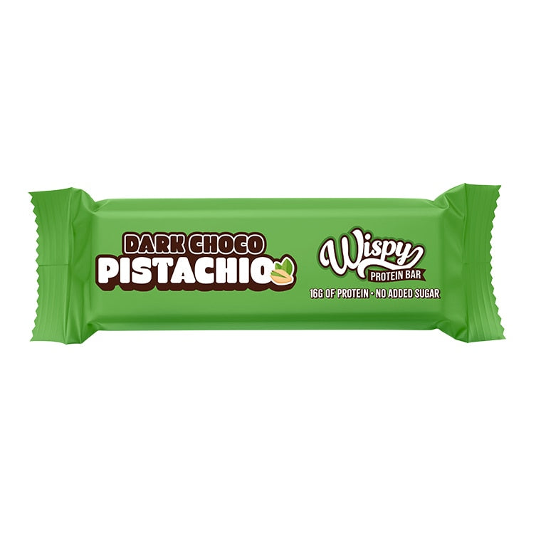 A green wrapper for a Wispy Protein Bar in Dark Choco Pistachio flavor, shown horizontally against a plain white background.