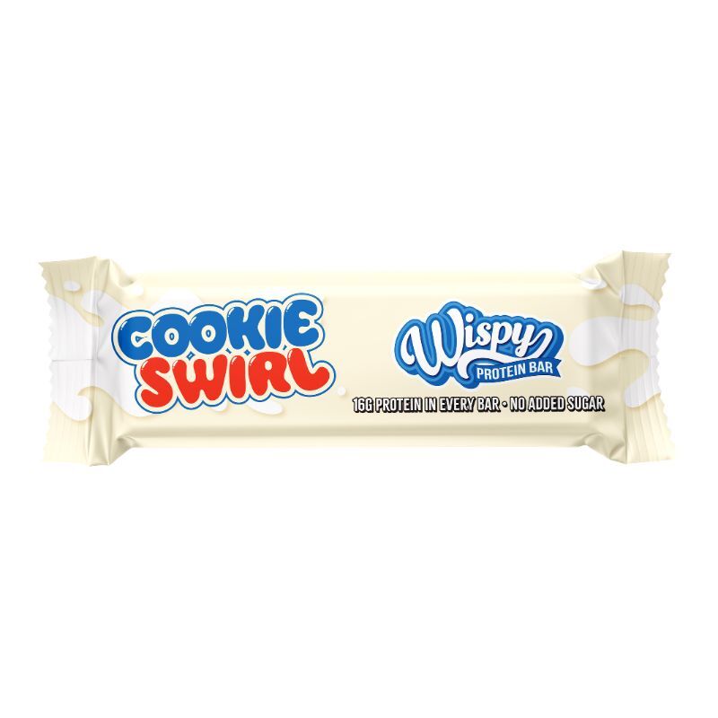 A wrapped protein bar on a plain white background. The wrapper is cream-colored with blue and red text reading 'Cookie Swirl' and 'Wispy Protein Bar'.