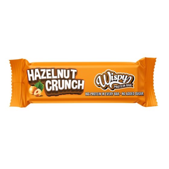 Orange protein bar packaging with 'Hazelnut Crunch' and 'Wispy' branding on a white background