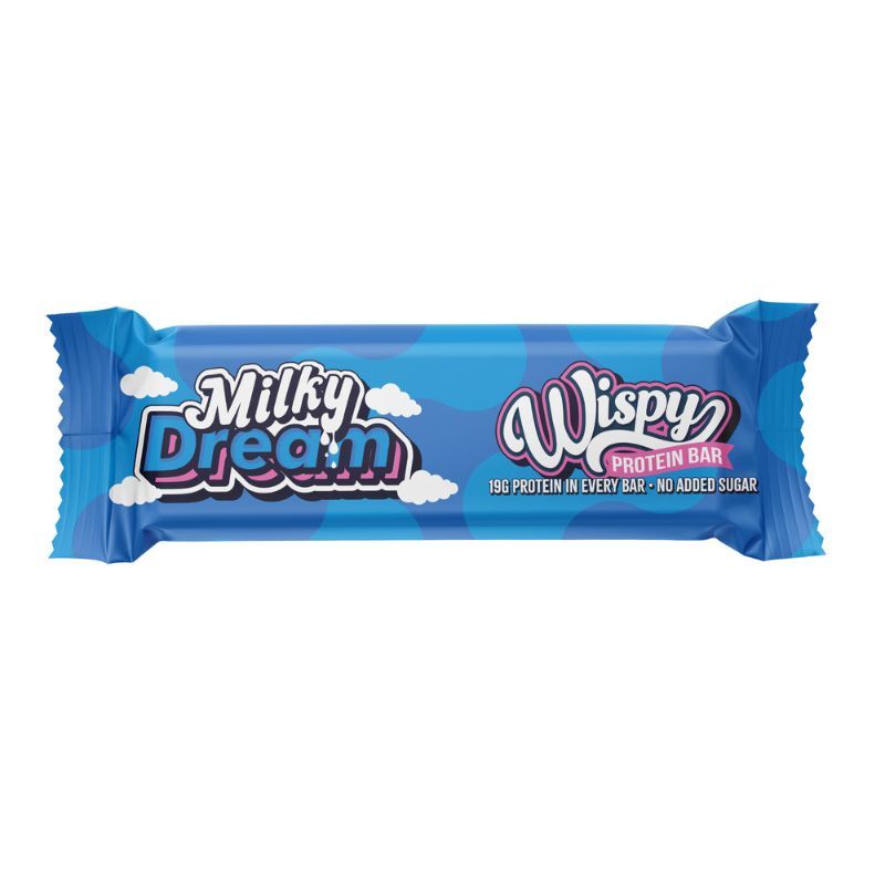 A single wrapped protein bar on a plain white background. The wrapper is predominantly blue with white clouds and the text 'Milky Dream' and 'Wispy Protein Bar'.