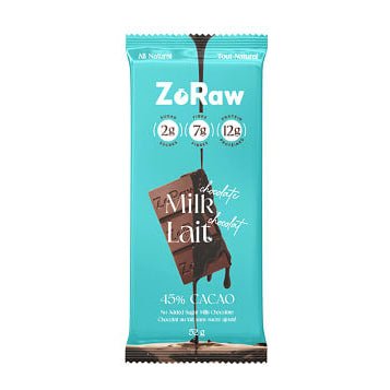 ZoRaw 45% Milk Chocolate Bar with Protein 52 Grams - Nutrition Plus