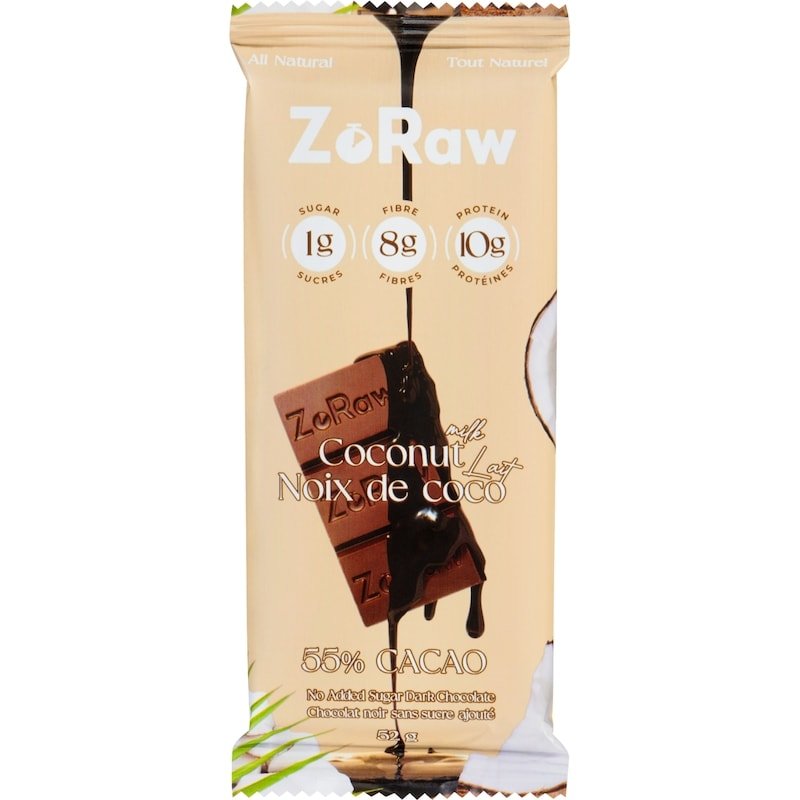 ZoRaw 55% Dark Chocolate Bar Coconut Milk with Protein 52 Grams - Nutrition Plus