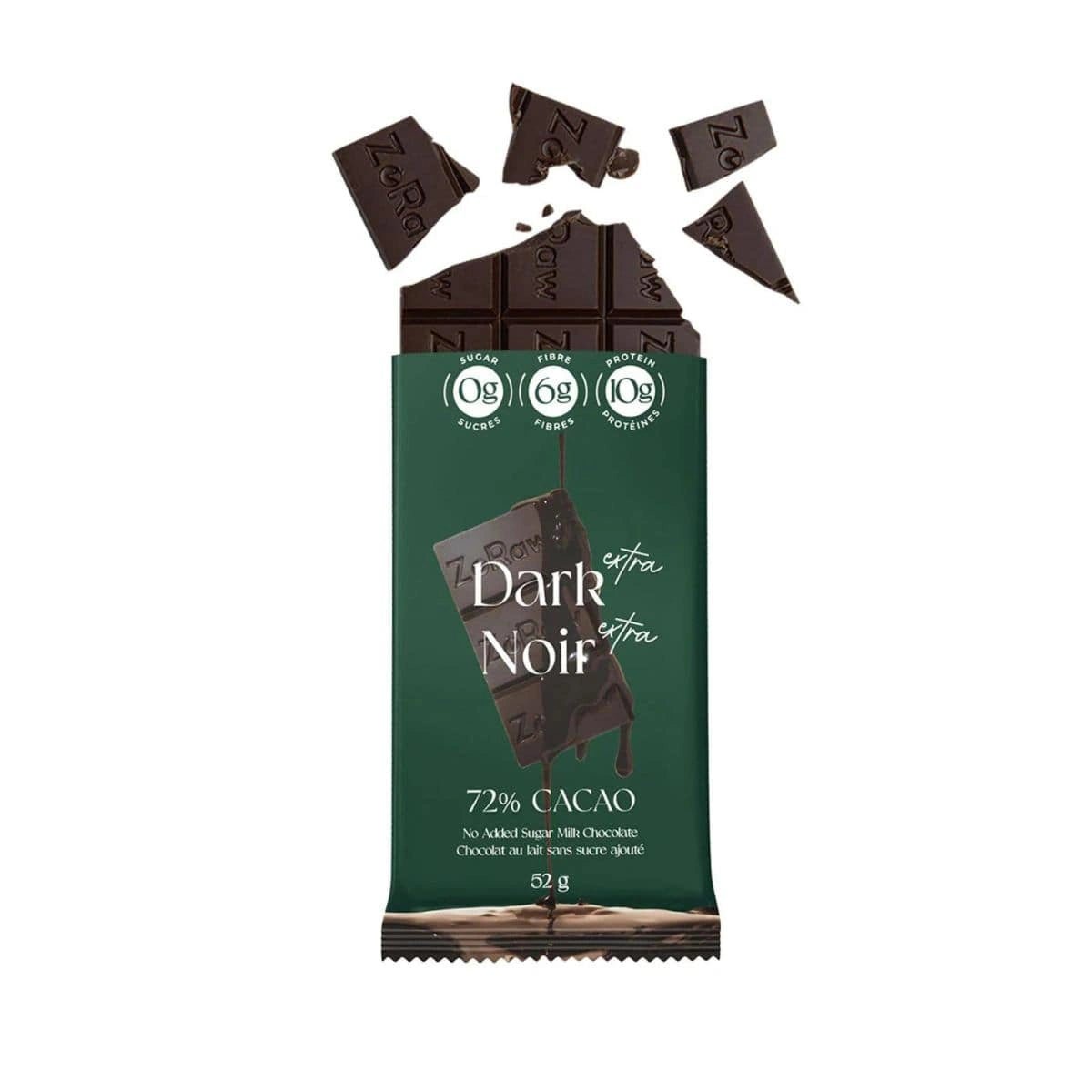 ZoRaw 72% Cacao Extra Dark Chocolate Bar with Protein, 52 Grams - Nutrition Plus