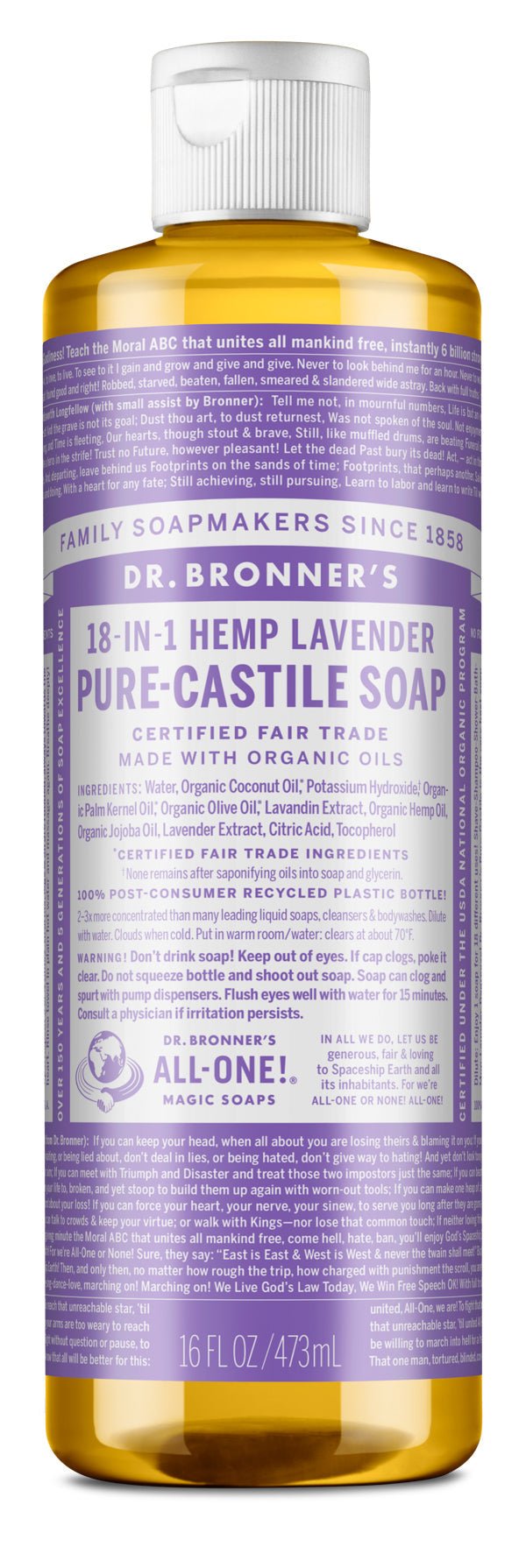 Dr. Bronner's 18-IN-1 Pure-Castile Lavender Liquid Soap - Nutrition Plus