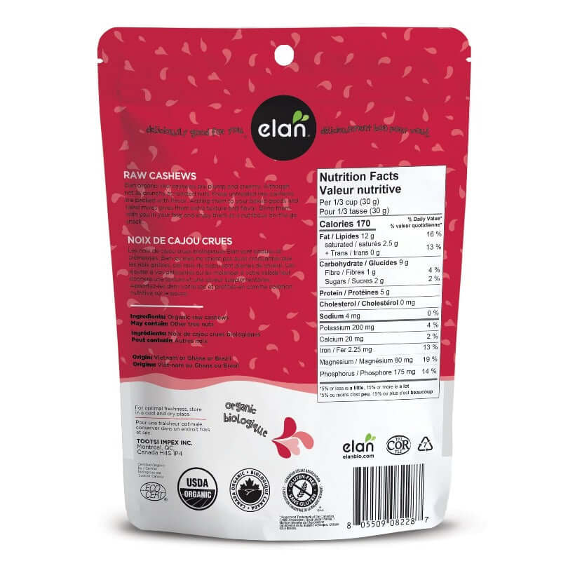 Elan Organic Raw Cashews, 185 Grams Nutrition Plus