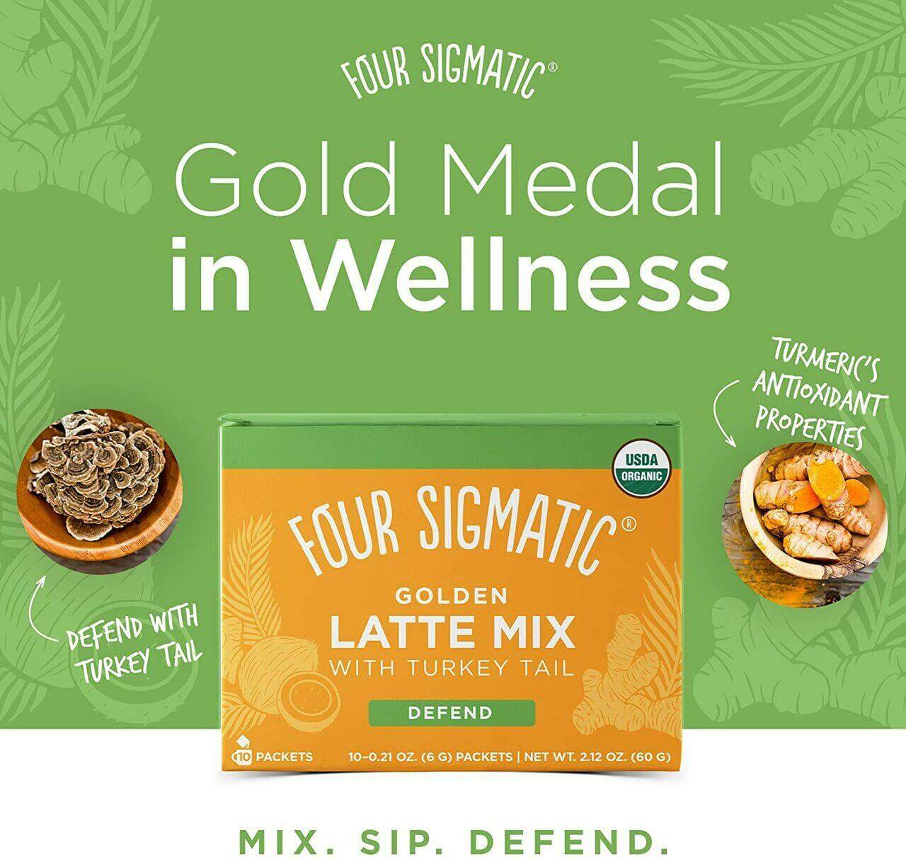 Four Sigmatic Golden Latte Mix with Turkey Tail and Turmeric 10 X 6 g sachets 60 Grams - Nutrition Plus