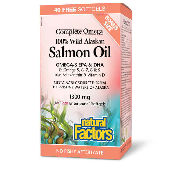 Natural Factors 100% Wild Alaskan Salmon Oil 1300 mg 220 Softgels BB - Nutrition Plus