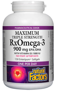 Thumbnail for Natural Factors RxOmega-3 with Vitamin D3 Maximum Triple Strength 900mg 150 Softgels - Nutrition Plus