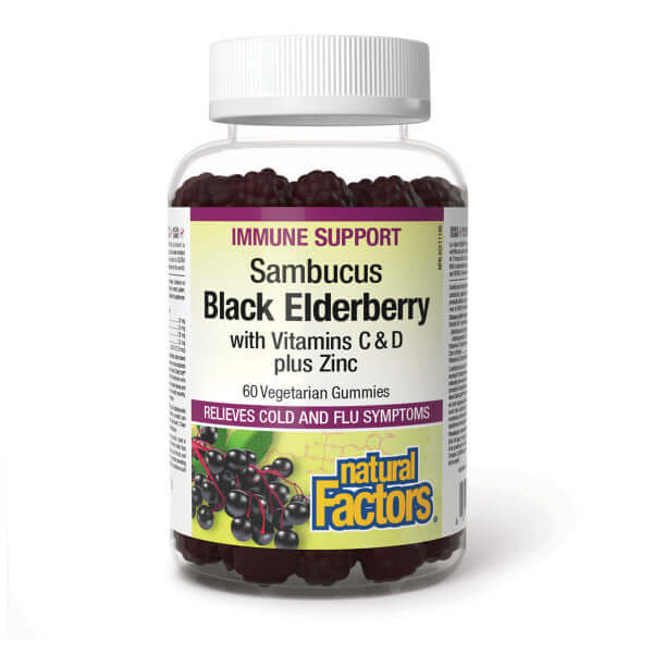 Natural Factors Sambucus Black Elderberry with Vitamins C & D plus Zinc 60 Veg Gummies - Nutrition Plus