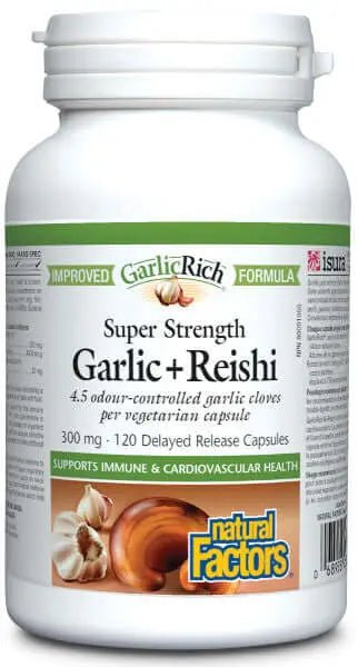 Natural Factors Super Strength Garlic + Reishi 300 mg DR 120 Veg Capsules - Nutrition Plus