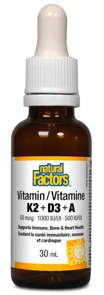 Natural Factors Vitamin K2+D3+A 50 mcg/1000 IU/500 IU 30 mL - Nutrition Plus
