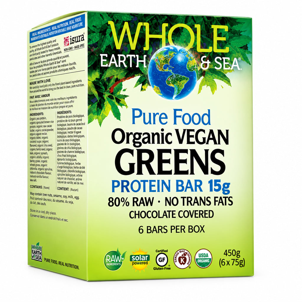 Natural Factors WES Organic Vegan Greens Protein Bar 6 X 75 Grams Bars - Nutrition Plus