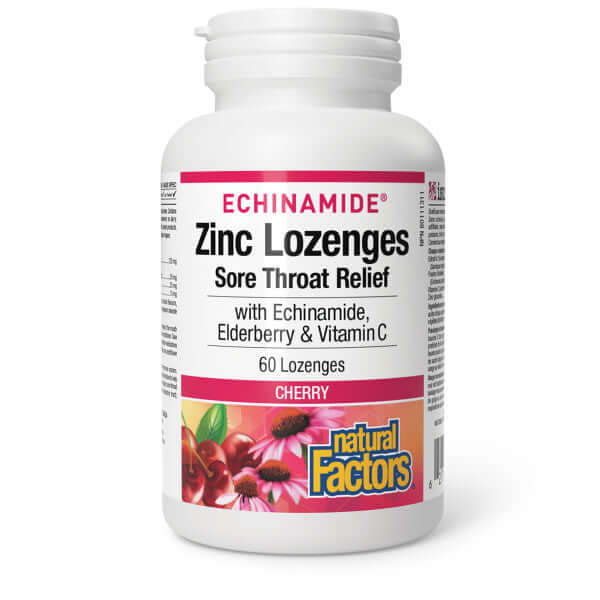 Natural Factors Zinc with Echinamide, Elderberry & Vitamin C, Cherry 60 Lozenges - Nutrition Plus