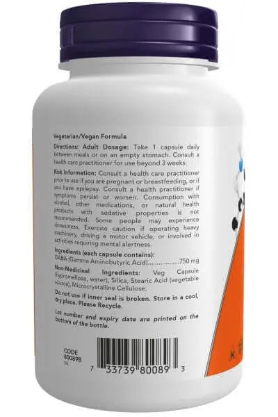 Now GABA 750 mg Extra Strength 100 Veg Capsules - Nutrition Plus