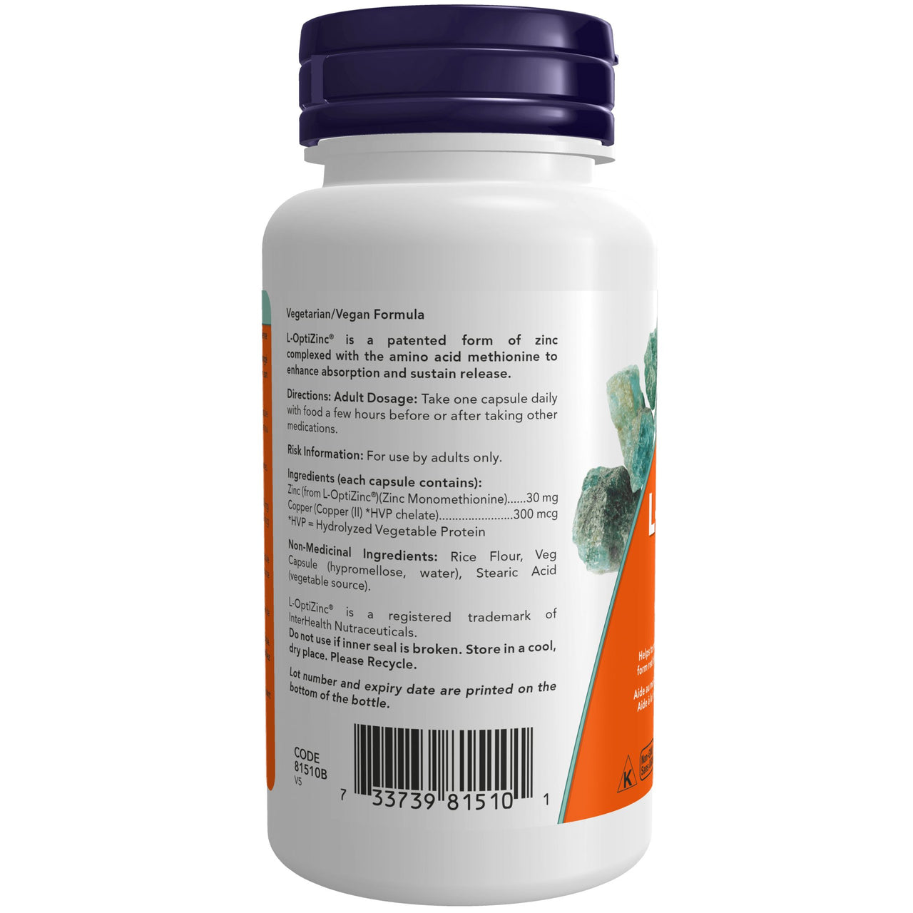 Now L-OptiZinc® Monomethionine 30mg 100 Veg Capsules - Nutrition Plus