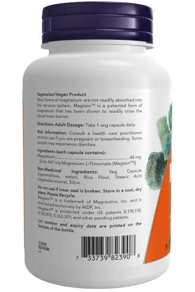 Now Magtein Magnesium L-Threonate 90 Veg Capsules - Nutrition Plus