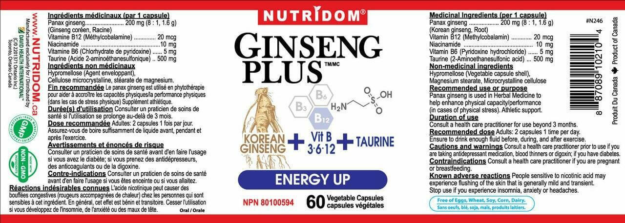 Nutridom Korean Ginseng Plus Energy Up 60 Veg Capsules - Nutrition Plus