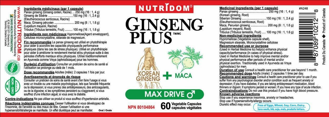 Nutridom Korean Ginseng Plus Max Drive 60 Veg Capsules - Nutrition Plus
