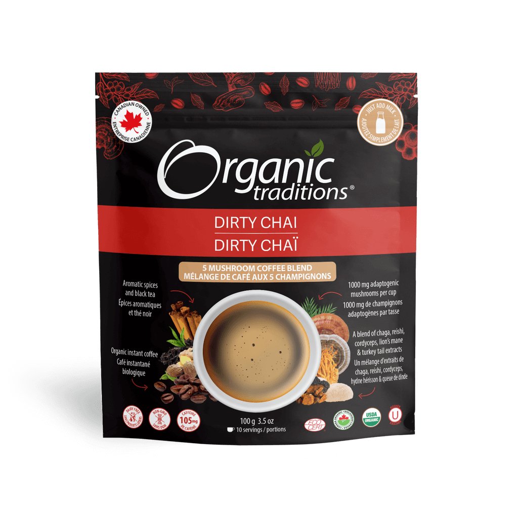 Organic Traditions Dirty Chai 150 Grams, 5 Mushroom Coffee Blend - Nutrition Plus