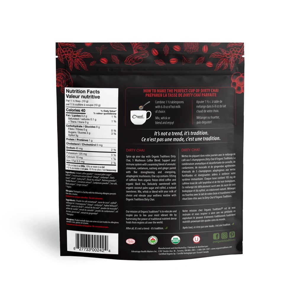 Organic Traditions Dirty Chai 150 Grams, 5 Mushroom Coffee Blend - Nutrition Plus
