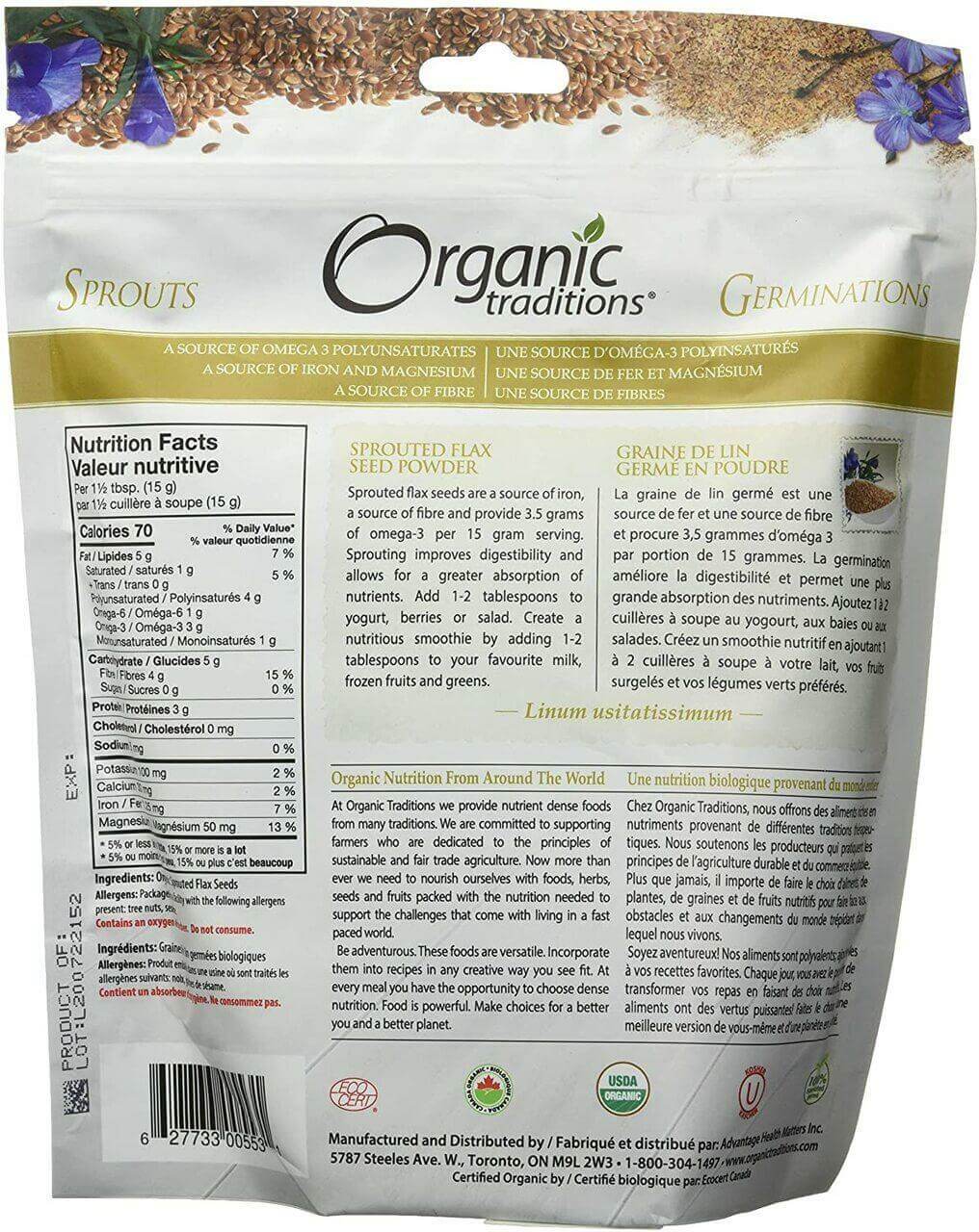 Organic Traditions Organic Sprouted Flax Seed Powder 454 Grams - Nutrition Plus