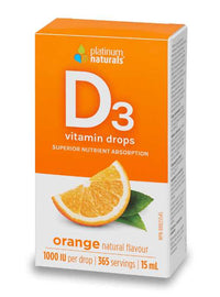 Thumbnail for Platinum Naturals Vitamin D3 1000 i.u. 15mL Orange Flavour - Nutrition Plus