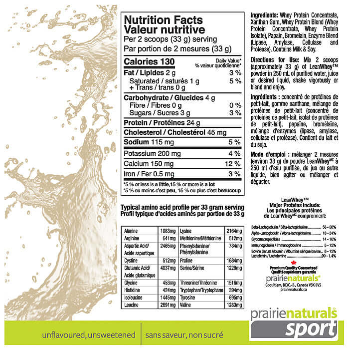 Prairie Naturals Lean Whey™ Protein Powder Unflavoured 908 Grams - Nutrition Plus