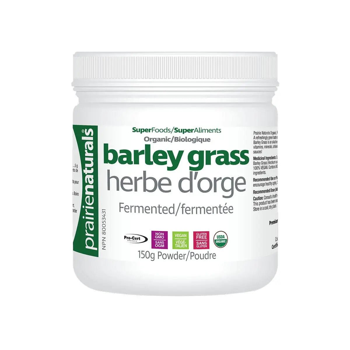 Prairie Naturals Organic Fermented Barley Grass Powder 150 Grams - Nutrition Plus
