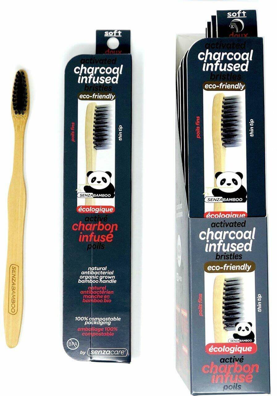 Senza Active Charcoal Infused Thin Tip Bristle Bamboo Toothbrush - Nutrition Plus