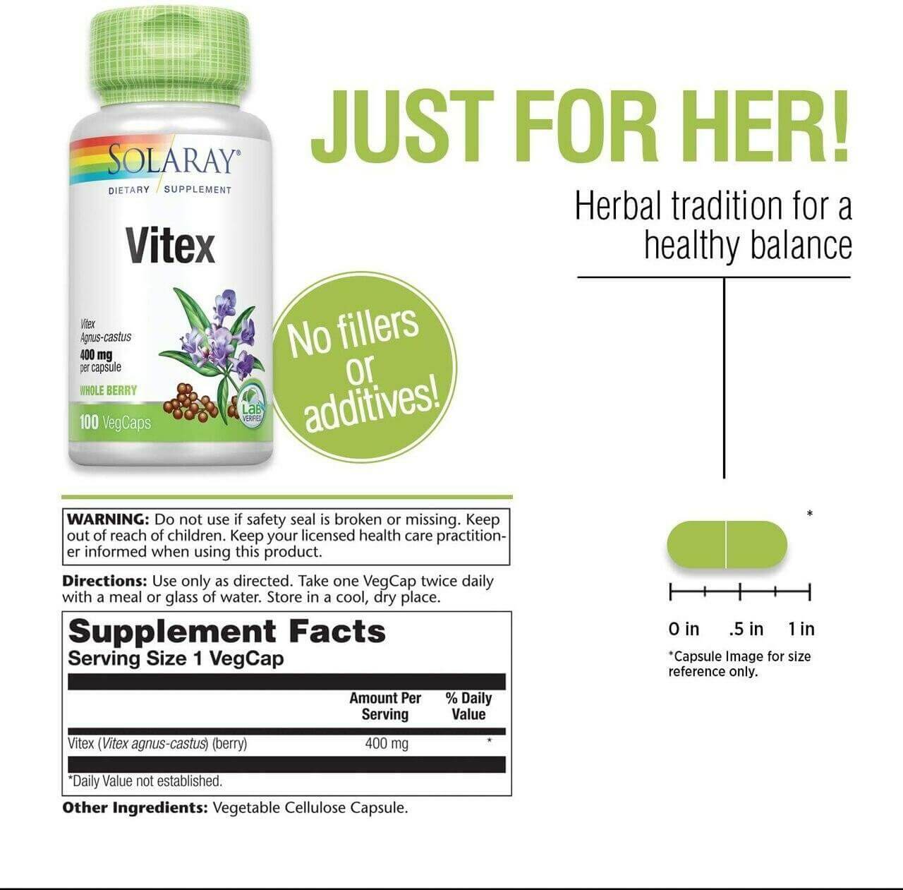 Solaray Vitex Berry 400 mg 100 Veg Capsules - Nutrition Plus