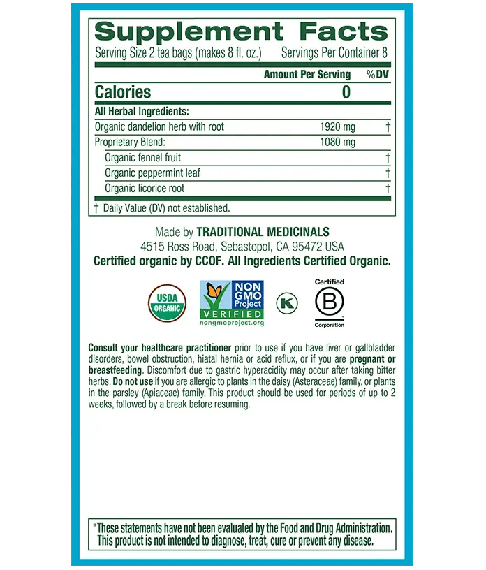 Traditional Medicinals - Organic Everyday Detox, Dandelion, 16 Bags - Nutrition Plus