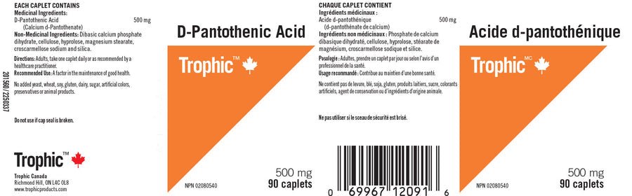 Trophic D-Pantothenic Acid 500mg 90 Tablets - Nutrition Plus