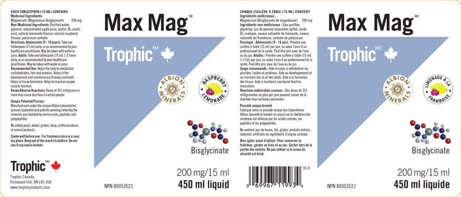Trophic Max Magnesium 450 mL Raspberry Lemonade Flavour - Nutrition Plus