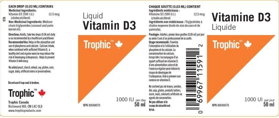 Trophic Vitamin D3 1,000 i.u. 50 mL Liquid - Nutrition Plus
