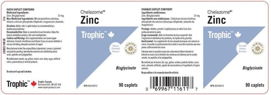 Trophic Zinc Chelazome 15 mg 90 Caplets - Nutrition Plus